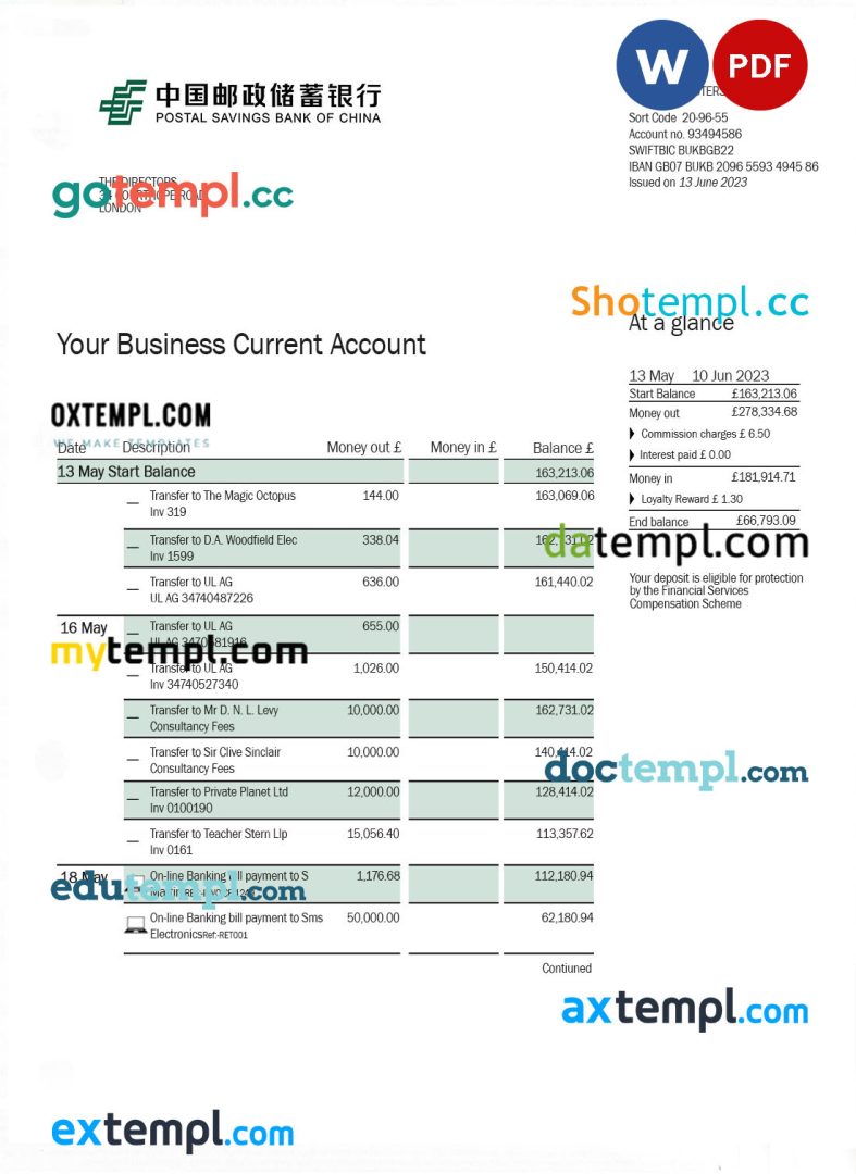 POSTAL Savings Bank firm account statement Word and PDF template