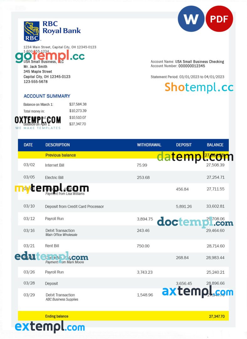 RBC Royal Bank enterprise checking account statement Word and PDF template