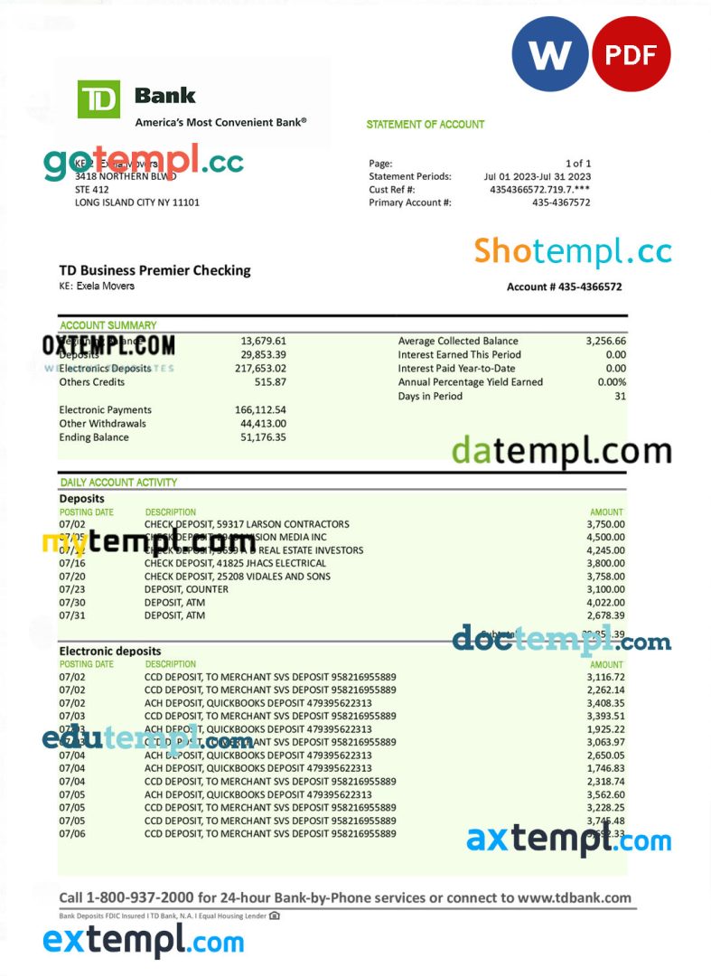 TD organization bank statement Word and PDF template