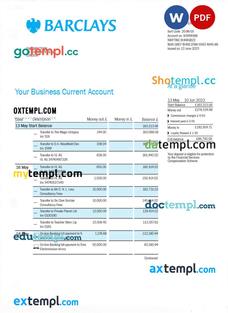 BARCLAYS bank business account statement Word and PDF template