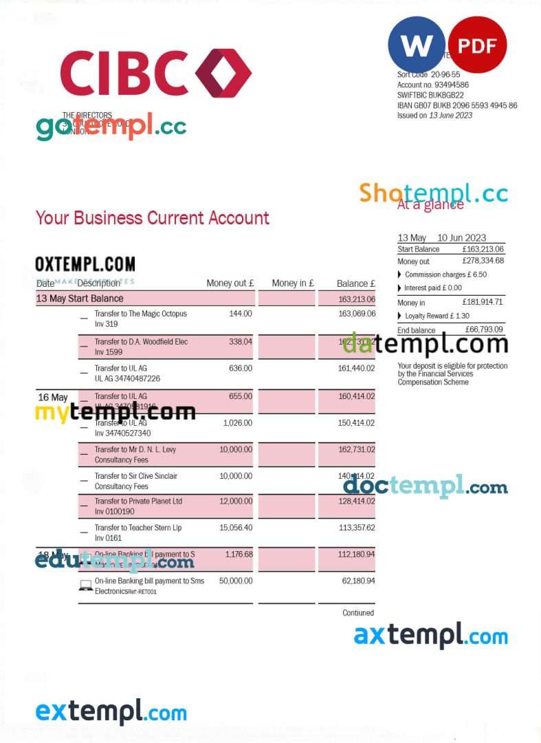 CIBC Bank company checking account statement Word and PDF template