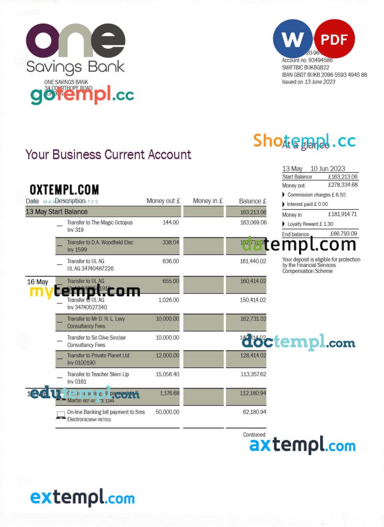 Onesavings Bank business checking account statement Word and PDF template