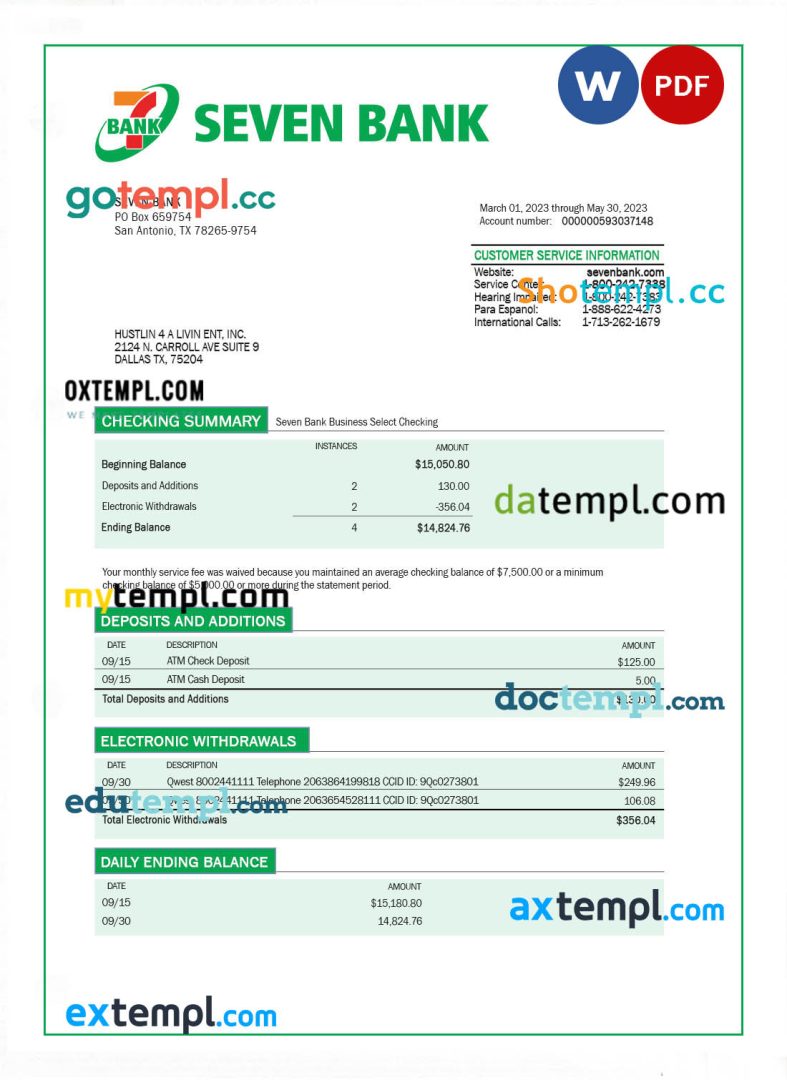 Seven Bank company checking account statement Word and PDF template