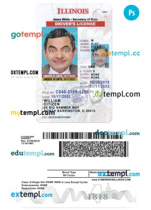 USA Illinois state vertical driving license editable PSD template, under 21